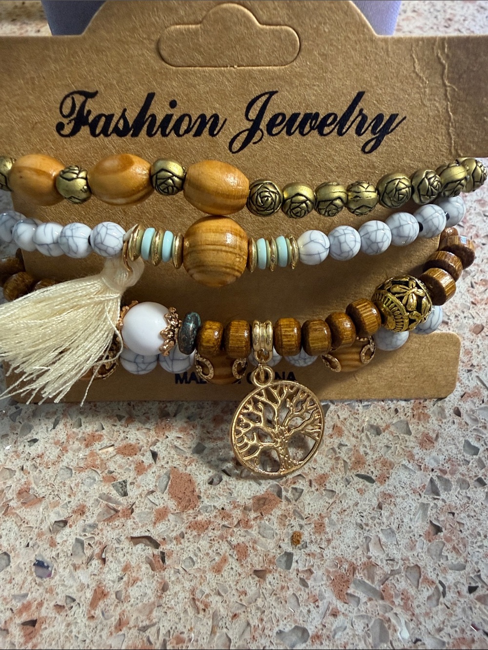 Fashion Jewelry Gold and Brown Boho Bracelet Stack with White Beads